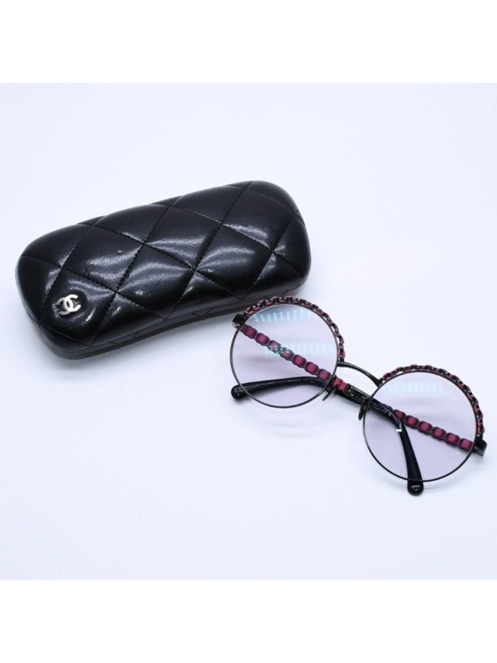 Chanel Round Shape Eyewear Sunglasses Calfskin Leather Black Pink CC Logo
